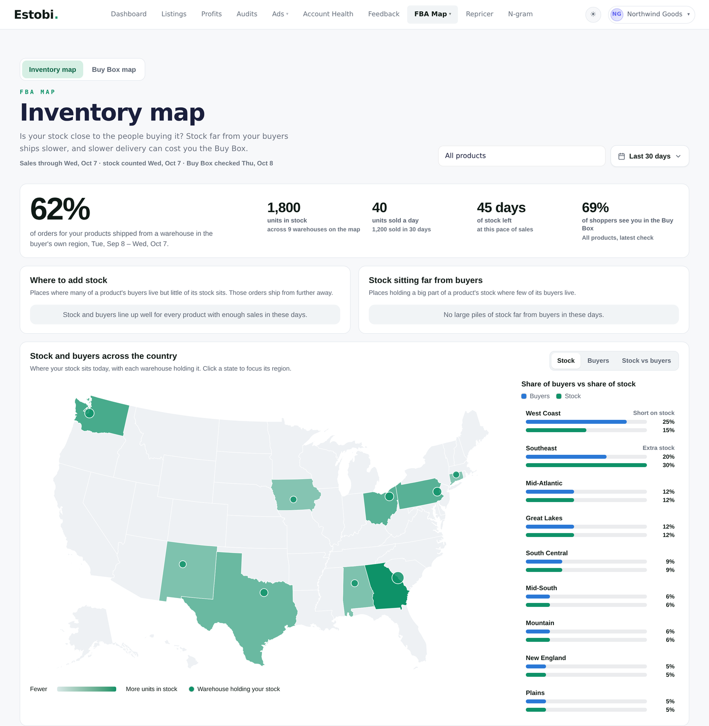 Real sample inventory map: buyer and stock shares for West Coast and Southeast.
